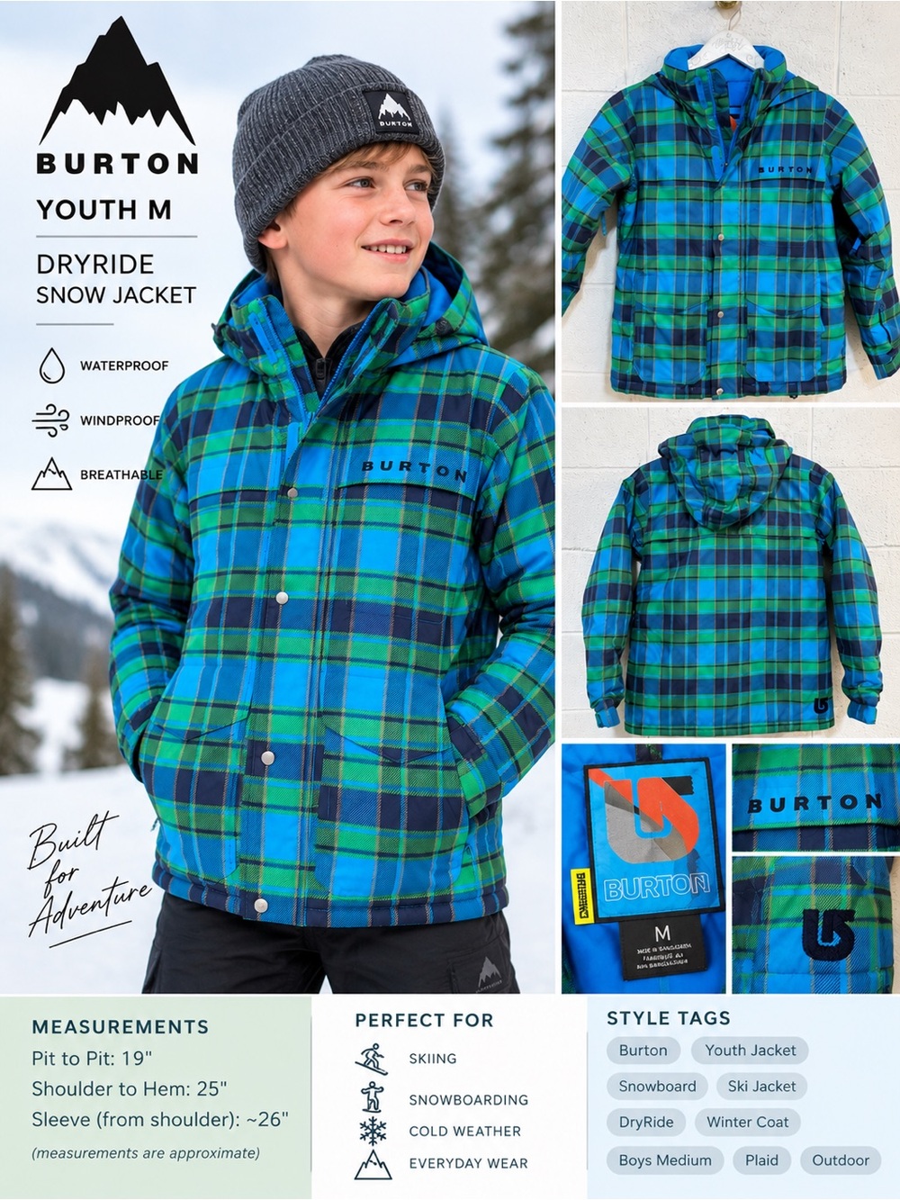 Burton Youth Plaid Jacket in Blue and Green